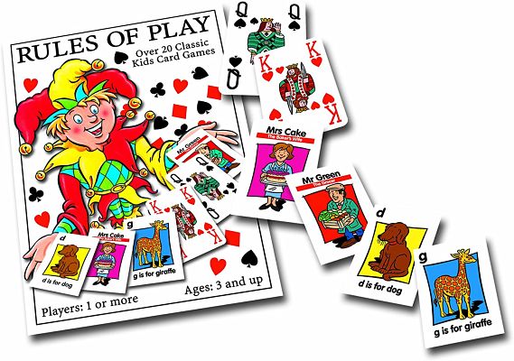Rules of Play booklet with a jester illustration surrounded by scattered animal, character, and standard playing cards.