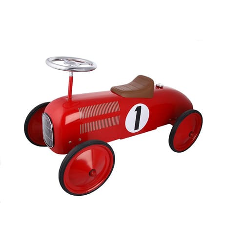 Red vintage-style toy race car with number 1 on the side, brown seat, and chrome steering wheel.