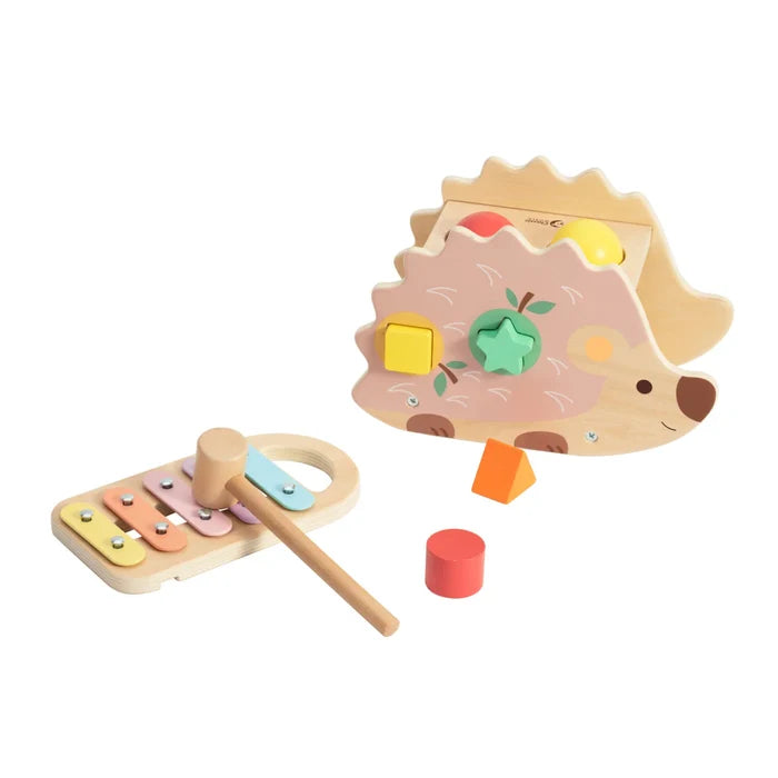 Wooden hedgehog shape sorter and pounding bench with pastel xylophone, mallet, and colorful geometric blocks.