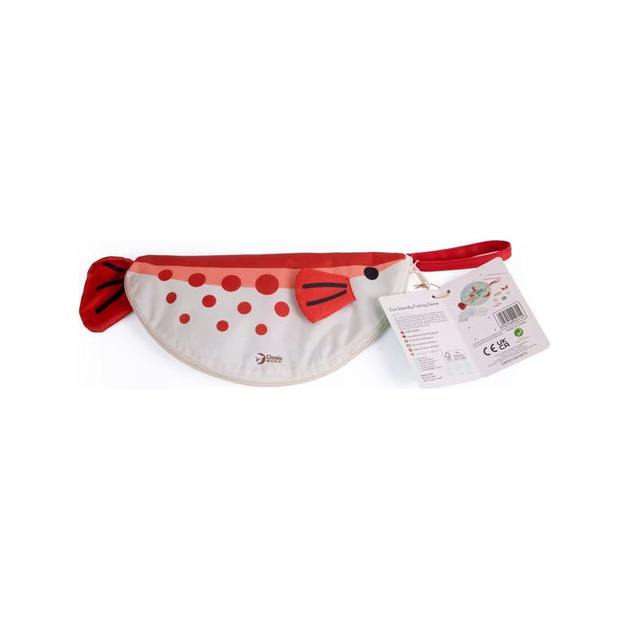 Red and white fish-shaped fabric storage bag with polka dots, a red fin, and tail, shown with a product tag.