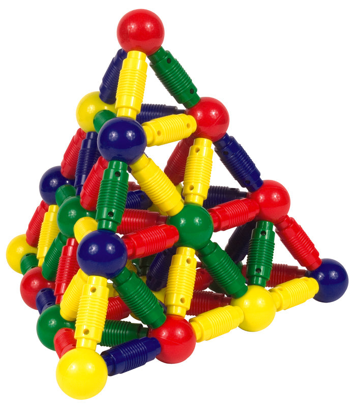 Red, yellow, green, and blue jumbo magnetic balls and ribbed rods assembled into a large pyramid structure.