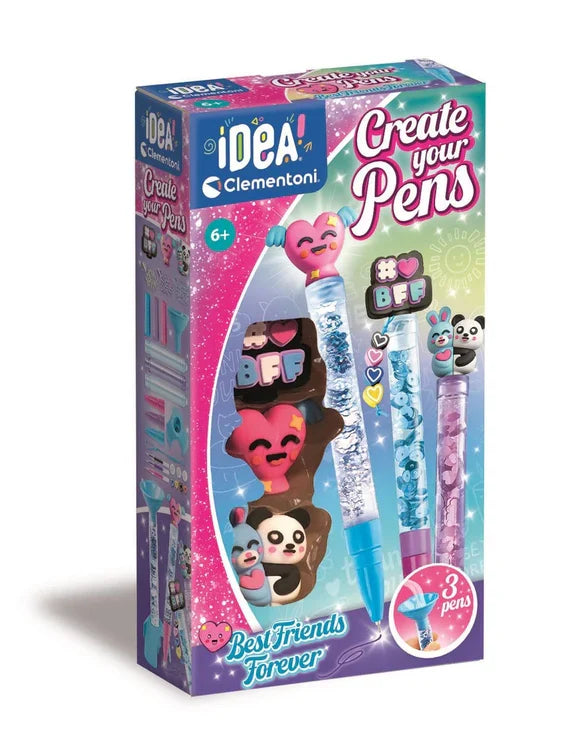 Colorful Clementoni DIY pen kit box showing three glittery pens with heart, panda, and bunny character toppers.
