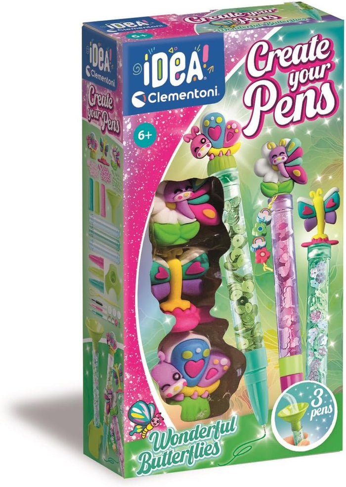 Pink and green box for a DIY butterfly pen kit showing decorated pens with charms, sequins, and colorful toppers.