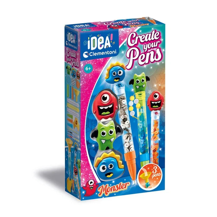 Clementoni monster pen kit box showing three pens with red, blue, and green monster toppers and glittery fillers.