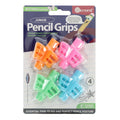 Four butterfly-shaped pencil grips in orange, pink, green, and blue, shown in a retail blister pack.