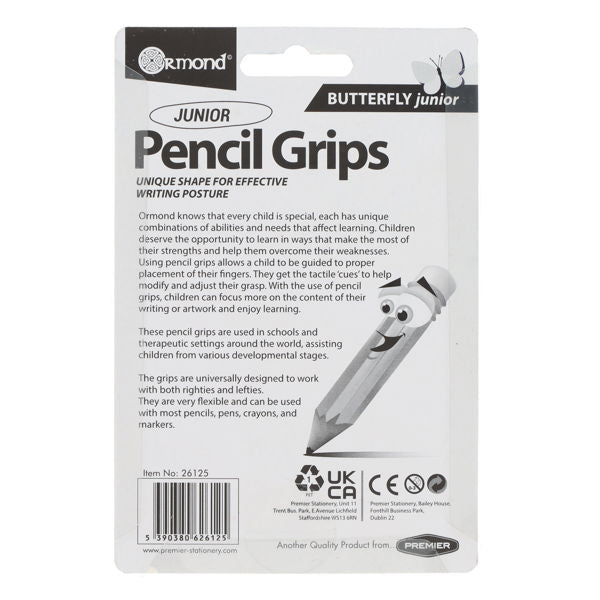 Back of a grayscale retail card for pencil grips with product information and a smiling cartoon pencil character.