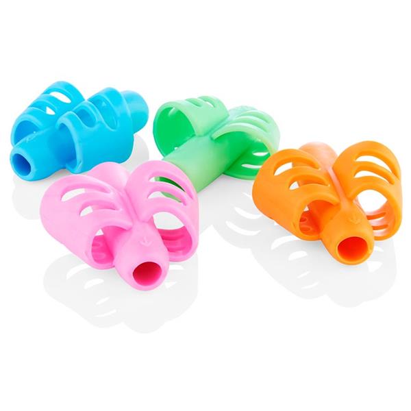 Four butterfly-shaped silicone pencil grips in bright blue, green, pink, and orange with finger slots.
