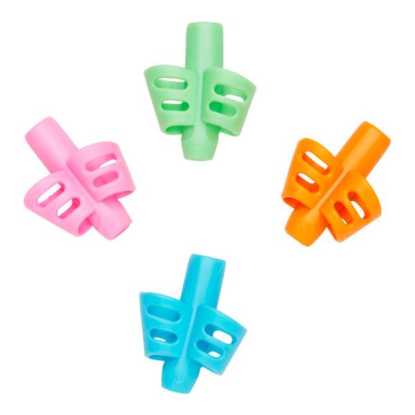 Four butterfly-style pencil grips in pink, lime green, orange, and blue with dual-slotted finger loops.