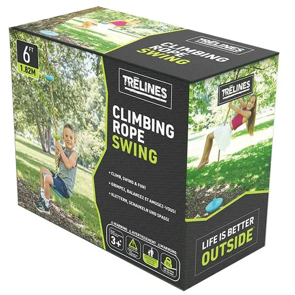 Black and green TRELINES box showing children using a rope swing with colored discs in a sunny, grassy park.