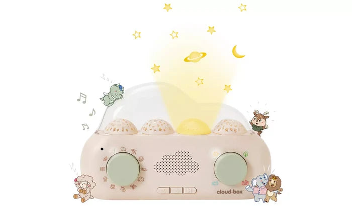 Beige cloud-shaped projector with mint green knobs projects yellow stars and planets, surrounded by cartoon animals.