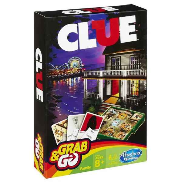 Black Clue box showing a mansion at night, a compact green travel board, and mystery character cards.