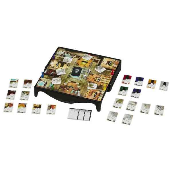 Portable Clue travel game with a black plastic base, colorful miniature tokens, dice, and suspect cards.