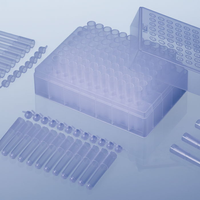 NEST Cluster Tube System — 96-well box with cap strips, 12-strip tubes, single tubes, and alphanumeric lid