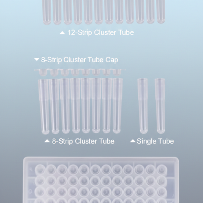 NEST Cluster Tube Components — annotated diagram showing all strip and single tube formats with 96-well box