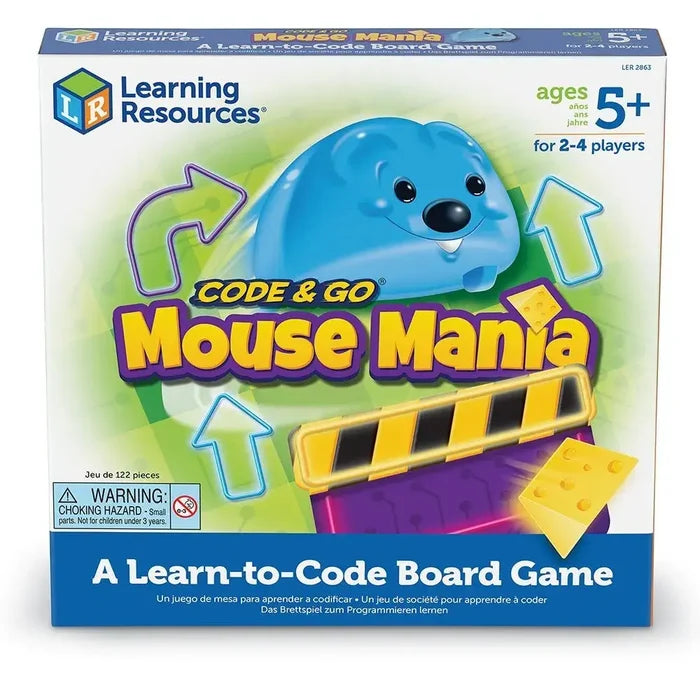 Colorful board game box featuring a blue robot mouse, yellow directional arrows, and cheese wedge graphics.