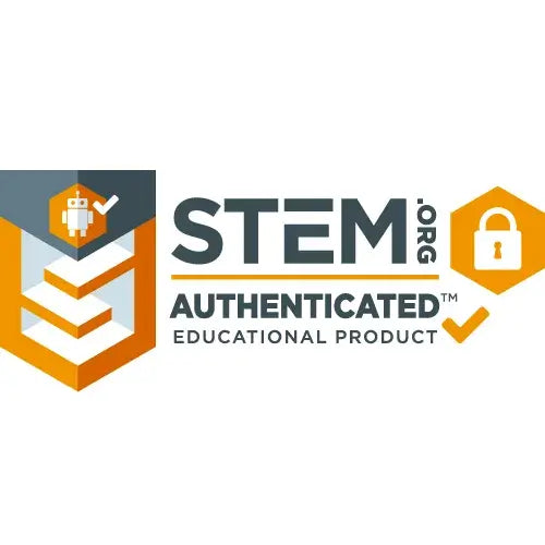 STEM.org Authenticated Educational Product logo with grey and orange icons of a robot, shield, and padlock.