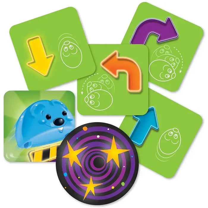 Green cards with colored arrows, a blue mouse card, and a circular purple swirly token with yellow stars.