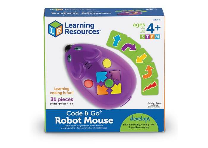 Purple electronic toy mouse with colorful buttons and green arrow cards on white and blue box packaging.