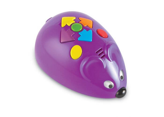 Purple mouse toy robot with colorful directional buttons on its back, googly eyes, and a black nose.