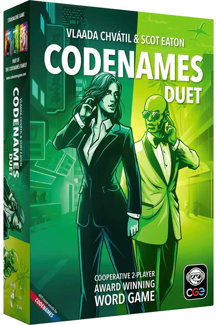 Green board game box featuring a man and woman in suits as secret agents against a stylized green city backdrop.