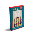 Wooden logic puzzle toy in a teal box featuring colorful sliding pegs and a clear bead shaker window.