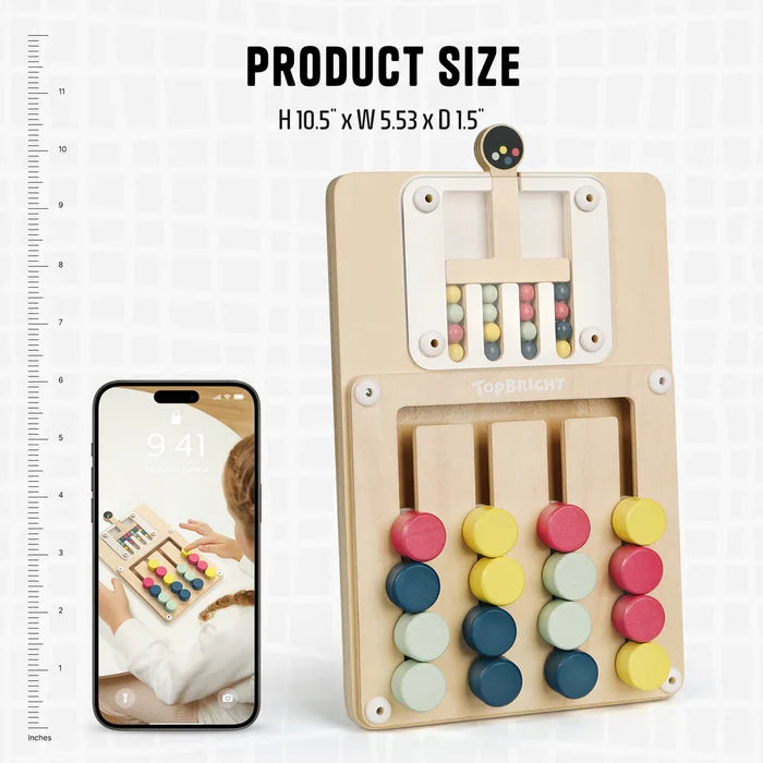 Wooden slide puzzle board with colorful circular pegs shown next to a smartphone and ruler for scale.