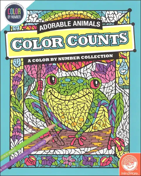 Color-by-number book cover featuring a mosaic-style frog on a branch, floral borders, and colored pencils.