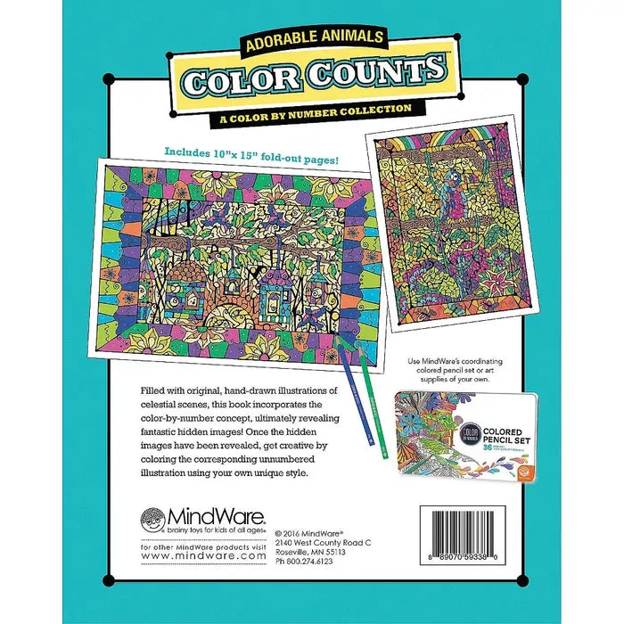 Back cover of a color-by-number book featuring vibrant animal illustrations, product details, and colored pencils.