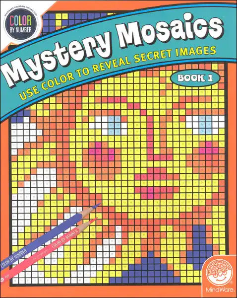 Color-by-number activity book featuring a yellow pixelated face on a grid, orange border, and two pencils.