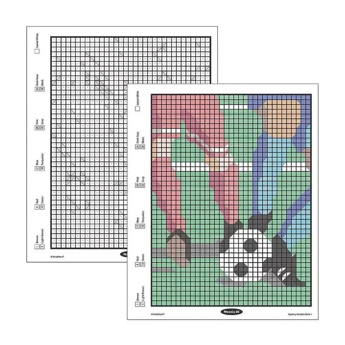 Color-by-number mosaic pages showing a blank numbered grid and a finished picture of a soccer player.