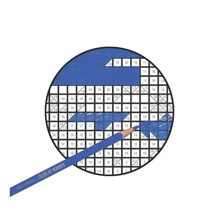 A blue pencil coloring in numbered square cells within a circular color-by-number mosaic grid.