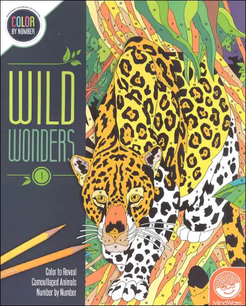 Front cover of a color-by-number book featuring a leopard in a dense jungle composed of numbered sections.