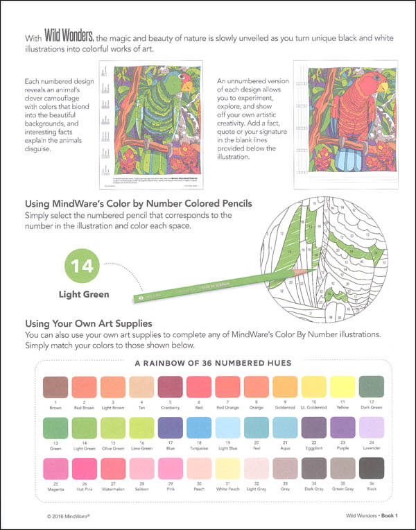 Instructional page showing bird illustrations, a numbered coloring grid, and a palette of 36 numbered color swatches.