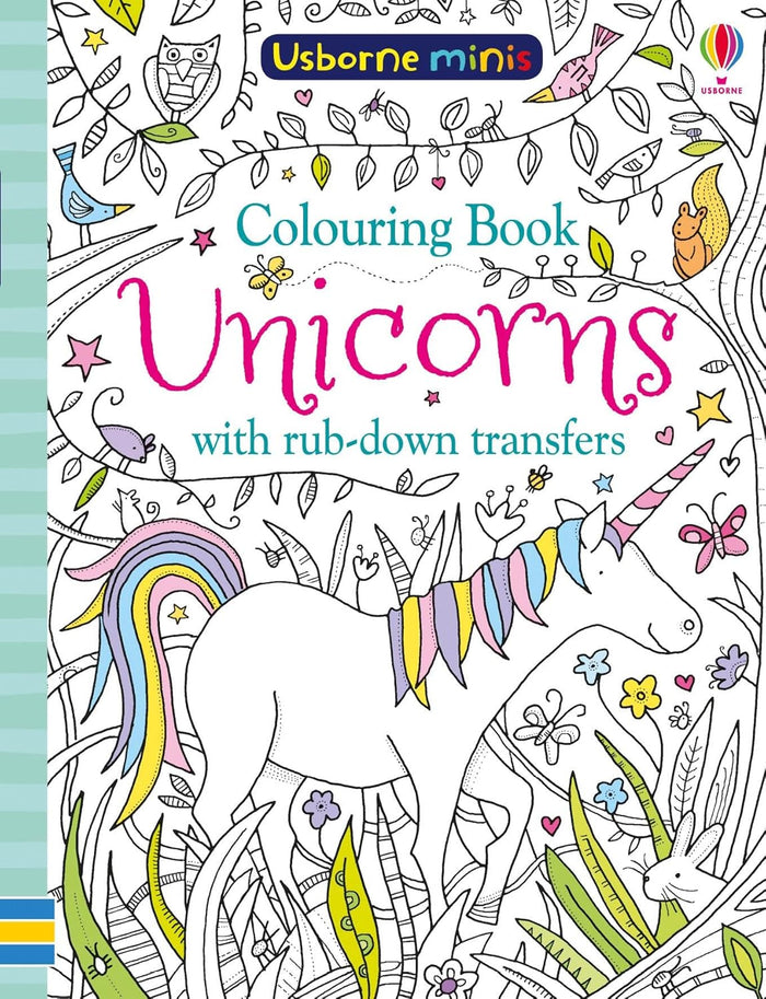 Usborne minis Unicorn coloring book cover with a rainbow-maned unicorn in a detailed black and white forest scene.
