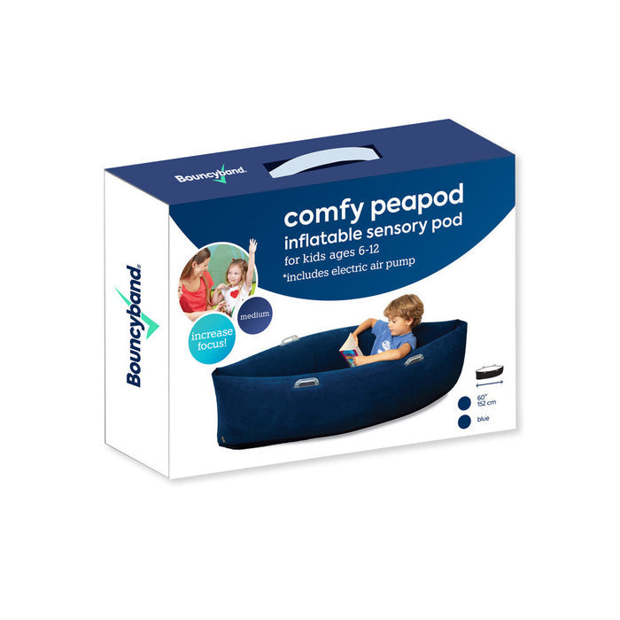 Product packaging for a 60-inch navy blue inflatable sensory pod with a boy sitting inside reading a book.