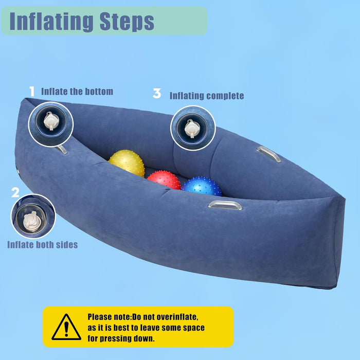 Blue canoe-shaped inflatable pod with colorful sensory balls and numbered inflation steps.