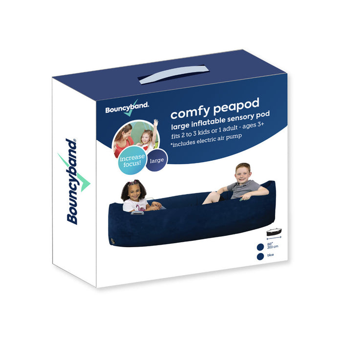 White and blue product box for an 80-inch navy blue inflatable pod chair with photos of children sitting inside.