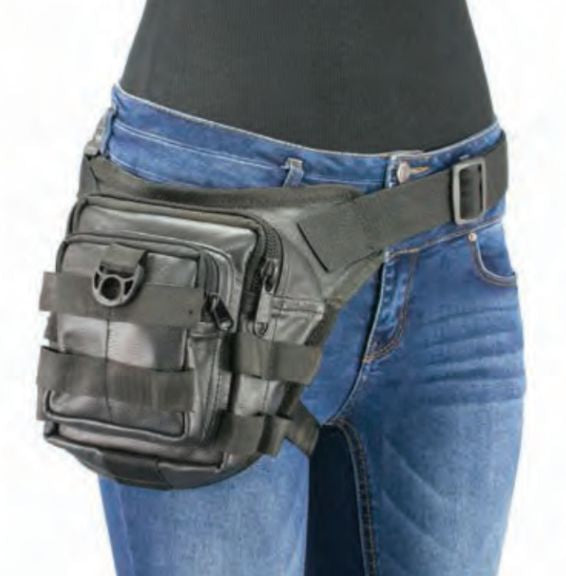 Conceal & Carry Black Leather Tactical Thigh Bag W/ Waist Belt