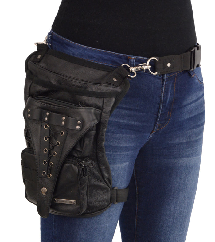 Conceal & Carry Black Leather Thigh Bag w/ Waist Belt