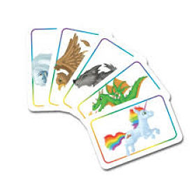 Five game cards fanned out with rainbow borders featuring a bird, bat, green dragon, and rainbow unicorn.