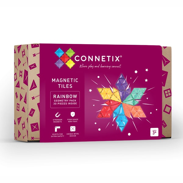Purple and tan box for Connetix magnetic tiles featuring a colorful star-shaped design made of triangles and diamonds.