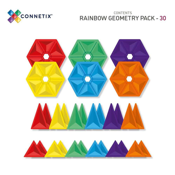 6 magnetic hexagons and 24 triangles in red, orange, yellow, green, blue, and purple rainbow colors.