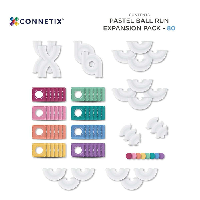 80-piece set featuring clear plastic chutes, colorful magnetic tiles, and pastel balls on a white background.