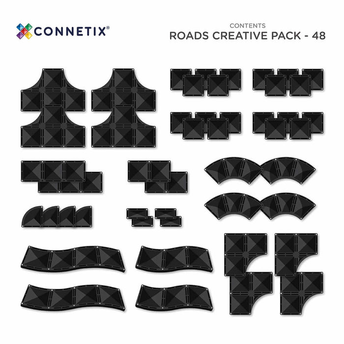 48 black magnetic road tiles in various shapes, including curves, ramps, and intersections, on a white background.