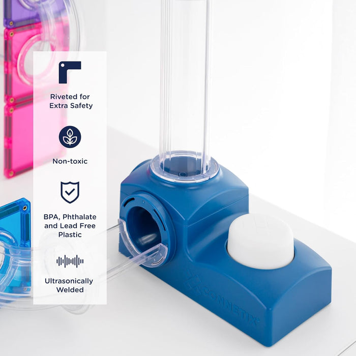 Blue Connetix ball launcher with white button and clear tubes, highlighting safety and non-toxic plastic features.