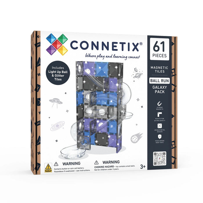 Connetix 61 piece Galaxy Ball Run box featuring blue and black glitter magnetic tiles and clear plastic chutes.