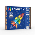 Connetix 30 Piece Light Rocket Pack box featuring a rocket built from colorful magnetic tiles and a light-up tile component.