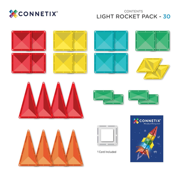 30-piece set of colorful magnetic tiles in geometric shapes with a light-up unit and rocket building instruction card.