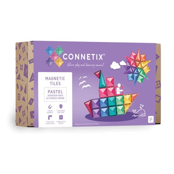 Purple box of pastel magnetic tiles featuring a colorful ship and star built from square and triangle pieces.