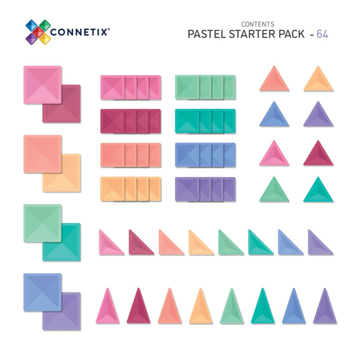 64 pastel magnetic tiles in various shapes: large and small squares, equilateral, right, and isosceles triangles.